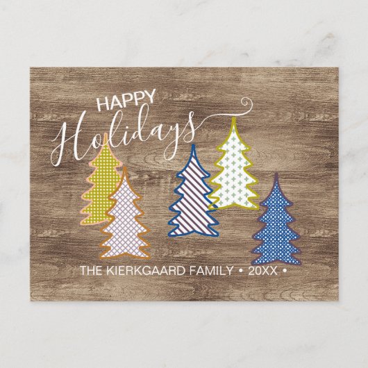 Carte Postale Arbres de Noël Abstraits Rétro sur Fond Bois veiné (Devant)