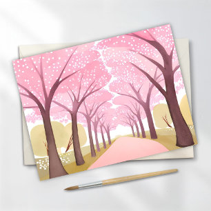 Carte Postale Arbres Fleurs de Cerisier Rose Aquarelle Chemin 