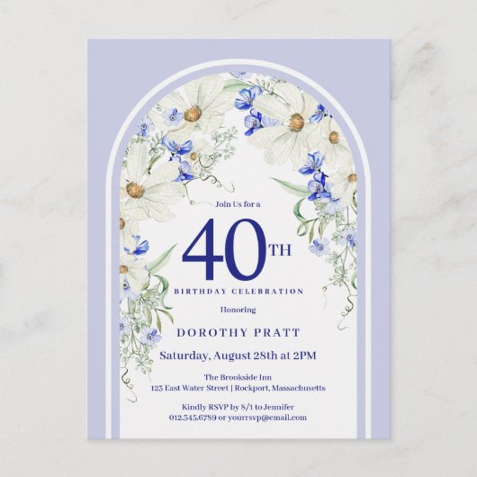 Carte Postale Arc Boho Floral Blanc Bleu 40e Anniversaire (Devant)