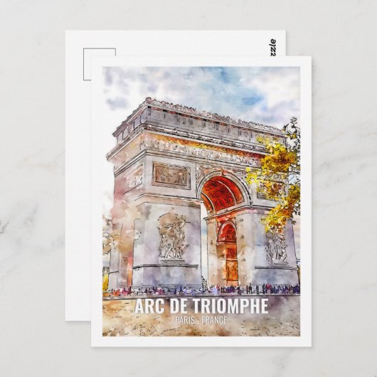Carte Postale Arc de Triomphe Paris Travel Place Aquarelle (Devant / Derrière)