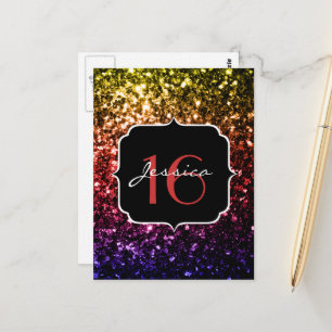 Carte Postale Arc-en-ciel faux paillettes scintillent Sweet 16