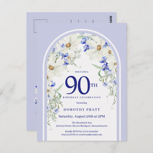 Carte Postale Arc floral Bohème bleu blanc pour fête d'anniversa (Devant / Derrière)