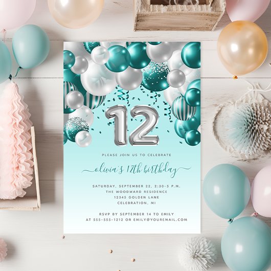 Carte Postale Arche de ballons sarcelle argent 12e anniversaire