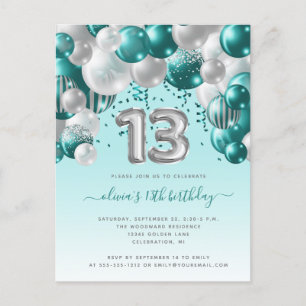 Carte Postale Arche de ballons sarcelle argent 13e anniversaire