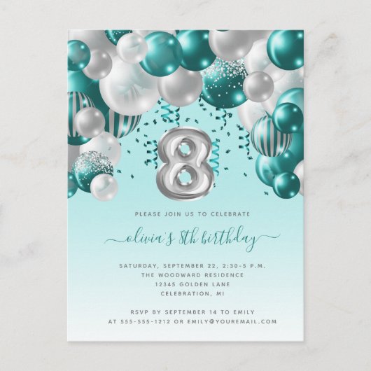 Carte Postale Arche de ballons sarcelle argent 8e anniversaire (Devant)