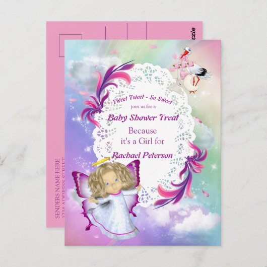 Carte Postale Arcs-en-ciel, nuages fluides et Baby shower papill (Devant / Derrière)