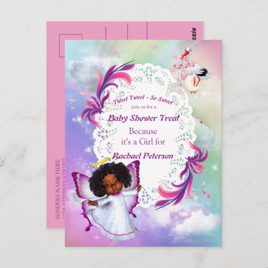 Carte Postale Arcs-en-ciel, nuages fluides et Baby shower papill (Devant / Derrière)