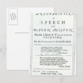 Carte Postale Areopagitica' un discours de John Milton (Devant / Derrière)