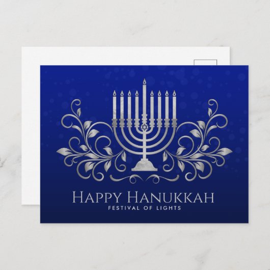 Carte Postale Argent Menorah Swirl Ornament Happy Hanoukka (Devant / Derrière)