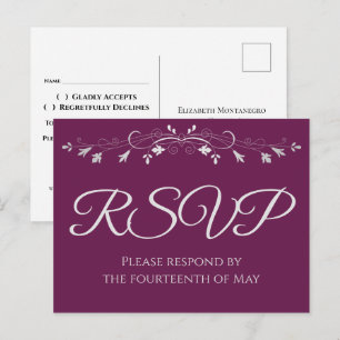Carte Postale Argent sur Cassis Purple Mariage élégant RSVP