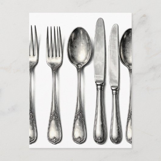 Carte Postale Argenterie vintage ornée couverts de cuisine (Devant)