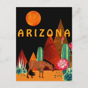 Carte Postale Arizona ~ Montagnes, Désert, Cheval et Pleine lune