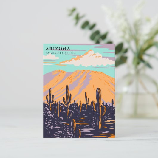 Carte Postale Arizona USA Saguaro Cactus Aquarelle Voyage (Debout devant)