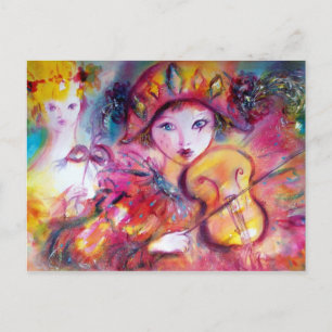 Carte Postale Arlecchino Jouer violon et Colombina