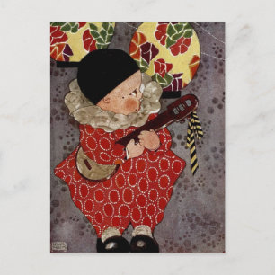 Carte Postale Arlequin enfant vintage, Musicien Jouant Banjo