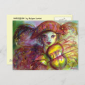 Carte Postale Arlequin jouant du violon, Masques de masquerade (Devant / Derrière)