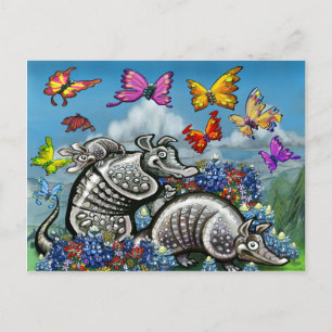 Carte Postale Armadillos Bluebonnets Papillons Fleurs sauvages