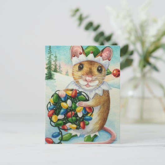 Carte Postale Arôme d'aquarelle Whimsical North Pole Elf Mouse (Debout devant)