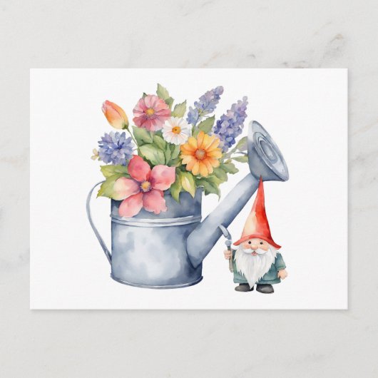 Carte Postale Arrosage avec Fleurs et Gnome Jardin (Devant)