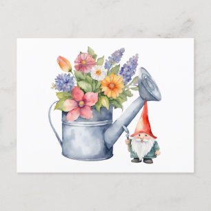 Carte Postale Arrosoir avec fleurs et nain de jardin