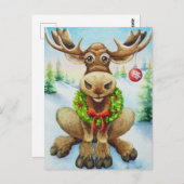 Carte Postale Art à l'aquarelle de l'élan de Noël de l'hiver fan (Devant / Derrière)