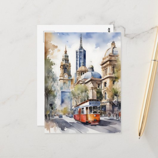 Carte Postale art à l'aquarelle de Melbourne (Devant/Arrière en situation)
