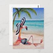 Carte Postale Art à l'aquarelle Flamingo Beach Babe Capricieux N (Devant / Derrière)