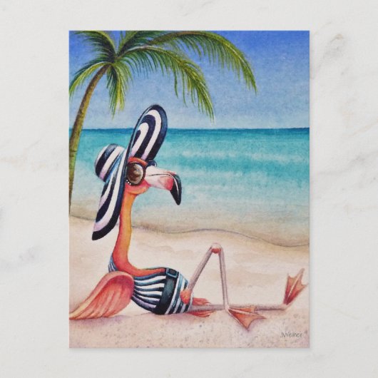 Carte Postale Art à l'aquarelle Flamingo Beach Babe Capricieux N (Devant)