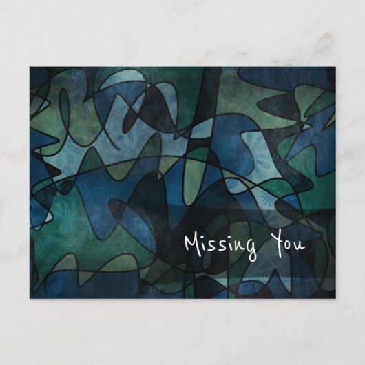 Carte Postale Art abstrait bleu, vert, sarcelle "Tu me manques" (Devant)