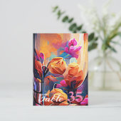 Carte Postale Art abstrait floral orange rouge fleurs bleues (Debout devant)