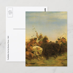 Carte Postale Art américain de l'Ouest vintage, chasse au bison