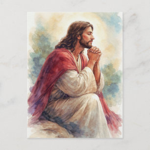 Carte Postale Art aquarelle Jésus en prière Foi chrétienne