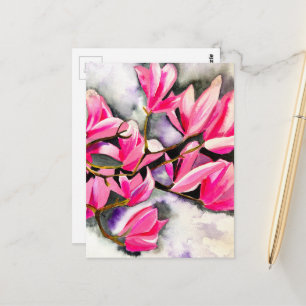 Carte Postale art aquarelle magnolia rose