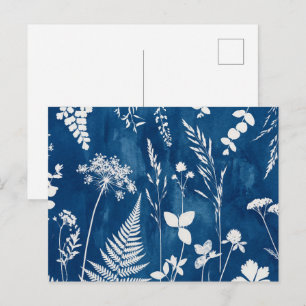 Carte Postale Art botanique de fougère au cyanotype bleu indigo