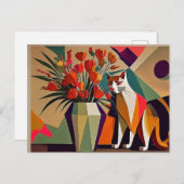 Carte Postale Art cat avec fleurs (Devant / Derrière)
