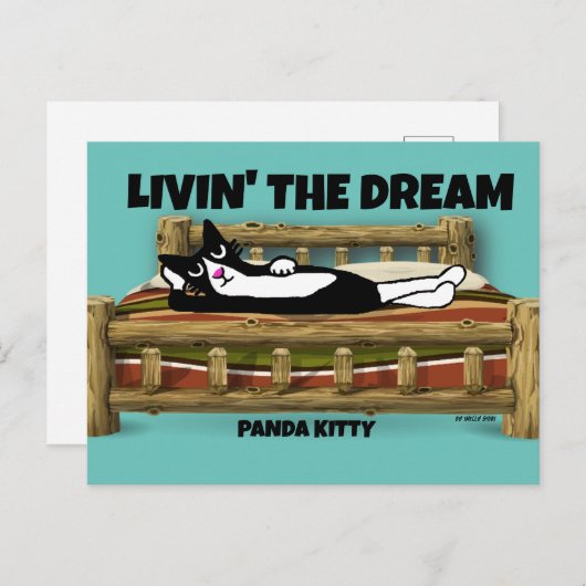 CARTE POSTALE ART DE CHAT TUXEDO, PANDA KITTY SE RELAXANT AU LIT (Devant / Derrière)