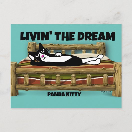 CARTE POSTALE ART DE CHAT TUXEDO, PANDA KITTY SE RELAXANT AU LIT (Devant)