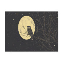 Art de hibou vintage sous un ciel au clair de lune