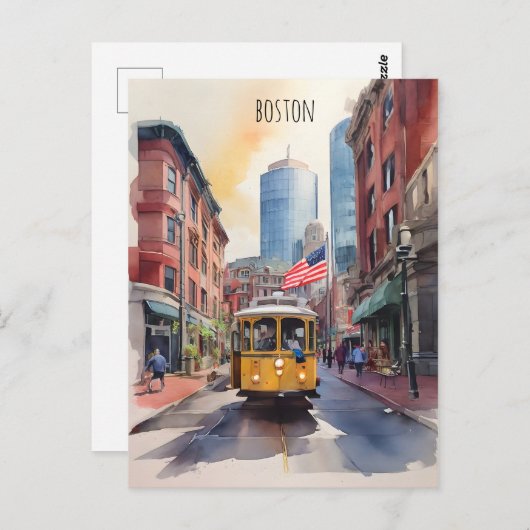 Carte Postale Art de l'aquarelle de Boston (Devant / Derrière)
