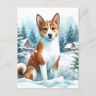 Carte Postale Art de l'aquarelle d'hiver Cute Basenji