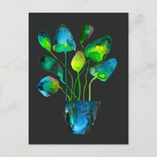 Carte Postale Art de plante à l'aquarelle vert et bleu abstrait