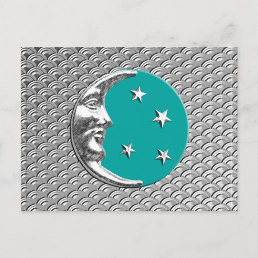 Carte Postale Art Déco Lune et étoiles - Turquoise & Silver (Devant)