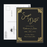 Carte Postale Art Déco Moderne Peacock Or Noir Enregistrer La Da<br><div class="desc">La carte postale Art déco moderne Gold Peacock Save The Date allie élégance Art déco et modernité, avec un motif paon pour le charme royal. Dessinant du glamour Gatsby, la palette or et noir exsument le raffinement. La typographie et la calligraphie élégantes apportent une touche personnalisée, reflétant l'attrait classique et...</div>