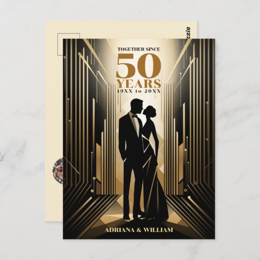 Carte Postale Art Déco Rétro Mariage Anniversaire Noir & Or (Devant / Derrière)
