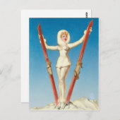 Carte Postale Art Déco Ski Blonde Pin Up (Devant / Derrière)