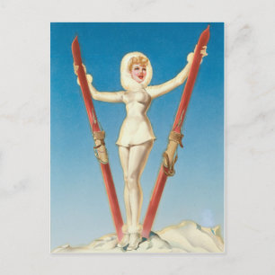 Carte Postale Art Déco Ski Blonde Pin Up