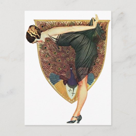 Carte Postale Art Déco vintage Flapper au paon (Devant)