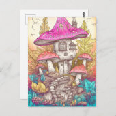 Carte Postale Art d'illustration du village de champignons rétro (Devant / Derrière)