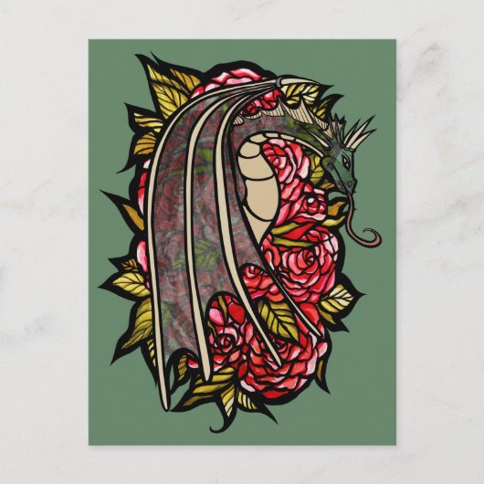 Carte Postale Art Dragon Roses Rouge (Devant)