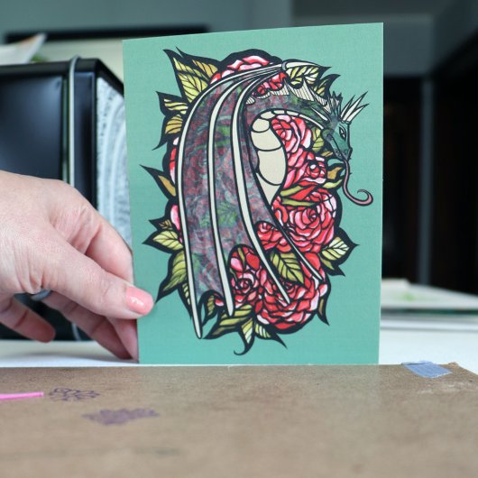 Carte Postale Art Dragon Roses Rouge